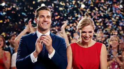 A happy couple celebrating with arms raised amidst a shower of confetti, surrounded by a cheering crowd at a jubilant event