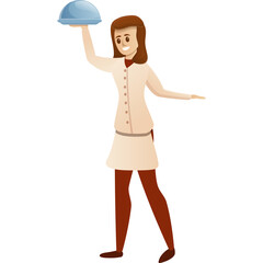 Cartoon Woman Chef Holding Serving Dish With Lid Cartoon Style With Transparent Background