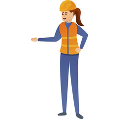 Cartoon Woman Construction Worker Wearing Hard Hat and Reflective Vest Gesturing Open Handed Standing Against White Background