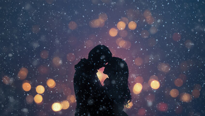 Romantic couple embracing in the snow with soft lights in the background at night