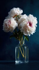 A bouquet of white peony flower arranged in a clear glass vase on a dark background for home decoration or special occasion.