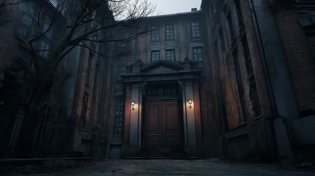 Atmospheric low-angle shot of a large, dark, old gothic building exterior, resembling a haunted mansion or asylum. Spooky and mysterious architecture.
