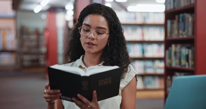 Library, knowledge and woman with bible, reading and personal devotion with scripture and religious. Learning, theology and person with holy book for spiritual guidance, belief and faith in Jesus