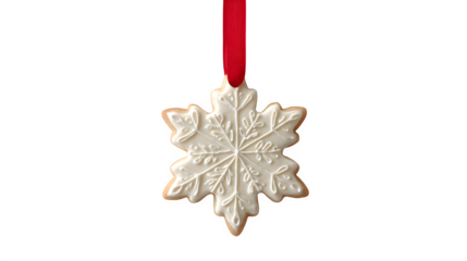 A single, large snowflake sugar cookie with white icing, hanging from a simple red ribbon. Elegant and minimalist, sharp focus, isolated on white background.