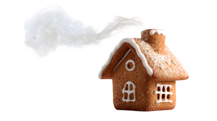A single, perfect gingerbread house cookie, with a tiny wisp of icing smoke coming from its chimney. Magical and detailed food photography, isolated on white background.
