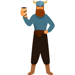 Cartoon Viking Warrior Holding Horn In Blue Tunic And Brown Trousers With Horned Helmet And Beard