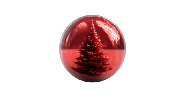 A single, perfect red Christmas ball, reflecting an entire, tiny Christmas tree within its surface. Hyper-realistic reflection, artistic and detailed, isolated on white background.