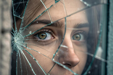 Reflecting Emotions A Woman's Gaze Through Shattered Glass
