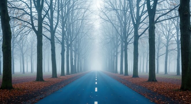 Straight empty road disappearing into the fog on a moody autumn day. Avenue of bare trees creating a symmetrical perspective - Powered by Adobe