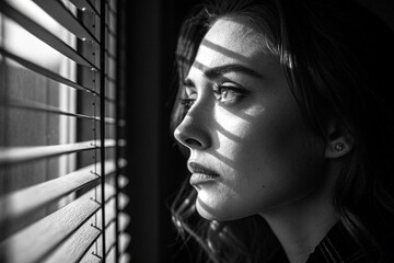 Brooding Gaze A Woman's Contemplation by the Window in Monochrome