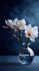 Beautiful white magnolia flower branch with new buds in clear glass vase. Elegant floral arrangement for interior decoration and spring concept.
