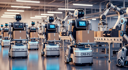 Advanced robotic automation in a modern warehouse environment, showcasing multiple robots transporting boxes along a conveyor belt, highlighting efficiency and technology in logistics