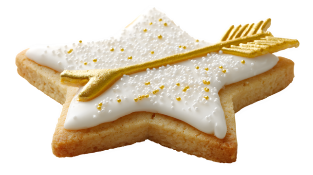 A single, perfect star-shaped sugar cookie, decorated with a tiny golden arrow piped in icing. Creative food styling, sharp focus, isolated on white background.