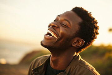 A joyful black man laughing outdoors with his eyes closed under the warm sunlight, conveying happiness and carefree emotion
