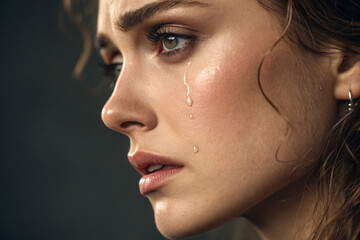 Heartbroken and vulnerable woman in profile, with tears in her eyes, captured in a moment of intense emotional pain and sorrow