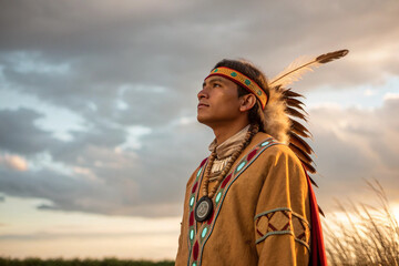 Portrait of a Native American Man in Traditional Attire, Gazing Upward at a Dramatic Sky