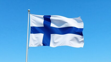 White and blue Finnish flag fluttering in the wind, perfect for national celebrations, patriotism, and cultural events