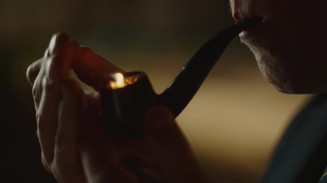 Close-up of a thoughtful man wearing a hat and suit striking a match and lighting his wooden pipe, then exhaling smoke while looking pensive in a dimly lit, atmospheric setting