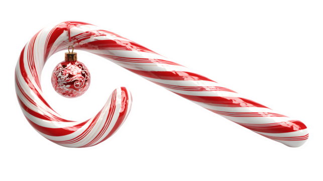 A single, photorealistic red and white striped candy cane, with a tiny, detailed Christmas ornament hanging from its curve. Festive and vibrant still life, isolated on white background.