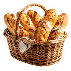 Rustic basket brimming with golden-crusted baguettes and a linen napkin