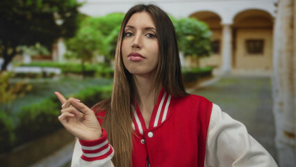 Fototapeta premium Woman in red cheerleader uniform points index finger outside an old university building; skepticism.