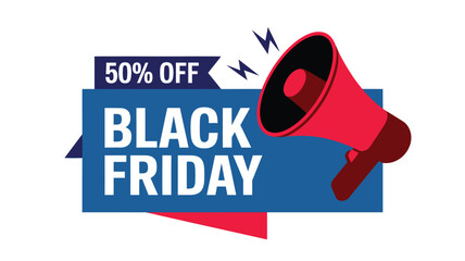 Black Friday sale banner with a red megaphone offering 50 off promotional vector design for advertising campaigns