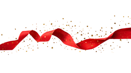 A single red ribbon, unfurling and twisting through the air, with tiny golden stars trailing behind it. Dynamic and magical, high-speed photography effect, isolated on white background.
