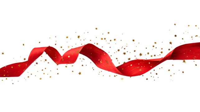 A single red ribbon, unfurling and twisting through the air, with tiny golden stars trailing behind it. Dynamic and magical, high-speed photography effect, isolated on white background.