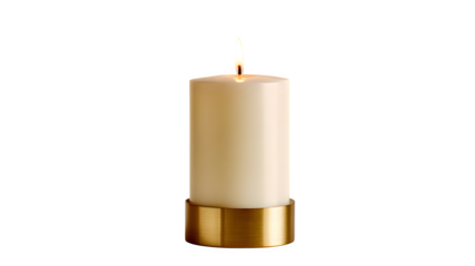 A single, unlit white Christmas candle in a simple gold holder. Minimalist and serene, soft lighting, isolated on white background.
