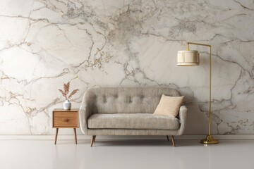 Sofa and floor lamp against a textured marble wall.