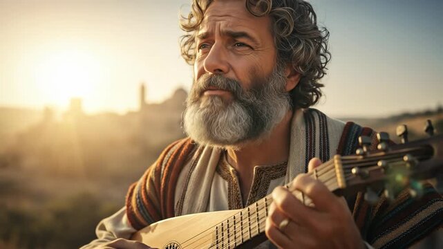 Man playing a stringed instrument composed of wood, a lute, in biblical attire with a desert background at sunset, video
