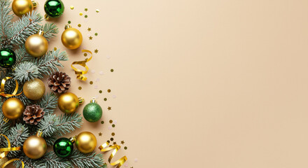 Fototapeta premium Festive gold and green christmas ornaments, pine cones, and fir branches arranged on beige background with space for text