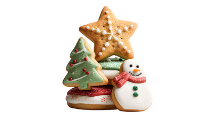 A stack of assorted Christmas cookies a star, a tree, and a snowman, each uniquely iced. Deliciously realistic, warm studio light, isolated on white background.