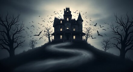 A classic haunted house sits atop a foggy hill, framed by spooky bare trees and a swarm of bats against a menacing, overcast sky, embodying a chilling Halloween scene.