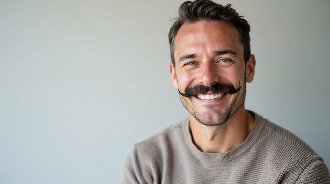 Man with mustache wearing a beige knit sweater against a plain light gray background, ideal for casual fashion and lifestyle themes