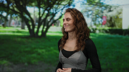 Obraz premium Young woman with curly brown hair stands in a sunny park surrounded by lush green trees wearing a patterned dress and black shirt during daylight.
