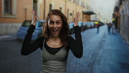 Fototapeta premium Woman smiling on city street with hands raised, expressing surprise against urban backdrop with cars, wearing black and white outfit outdoors, capturing cheerful emotion.
