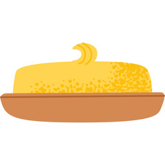 A stylized illustration of a pat of butter on a brown dish with a textured yellow surface and a wavy swirl on top against a transparent background