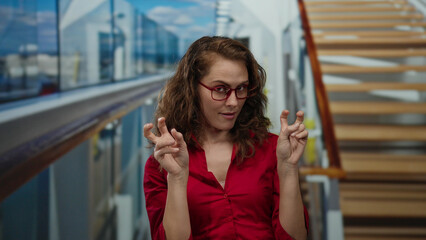 Woman posing on a cruise ship with the sea in the backdrop, wearing red glasses and a bright smile, emphasizing the casual and relaxed vacation atmosphere.