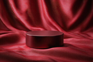 Round podium on dark red background. Elegant silk fabric flow, falls to surface. Empty pedestal, stand for mockup products. Copy space on delicate red luxurious satin
