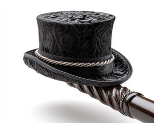 Fancy Walking Cane. Elegant Top Hat and Silk Cane on White Background