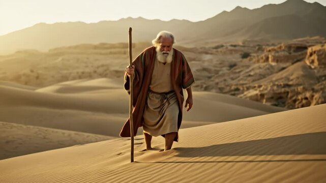 Old man with a staff walking through a vast desert. Biblical times, ancient prophet journeying through sand dunes, Moses in a barren land, footage.