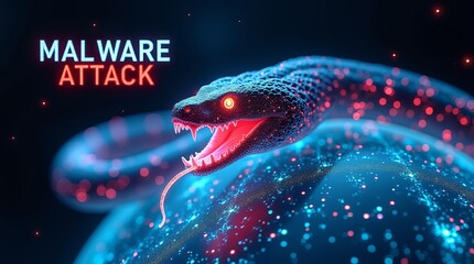 A stylized, futuristic snake with glowing features representing a malware attack on a digital globe.