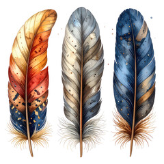 Watercolor feathers, diverse colors, fluffy bases, against a black backdrop