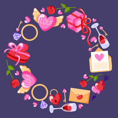 Romantic wreath with heart, rose, gift, letter, wine glasses and love symbol arranged in a circular frame in flat style. Design for Valentines Day card and wedding invitation.