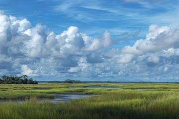 Obraz premium Florida Salt Marsh. Stunning Landscape of Intracoastal Waterway with Green Grass and Clear Sky