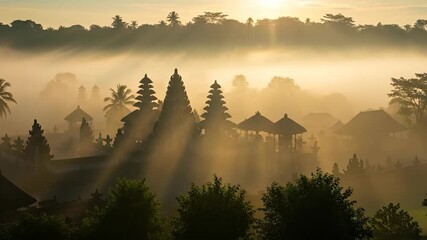 Ethereal Temples Shrouded in Golden Mist at Sunrise, Bathed in Dramatic Sunbeams Over a Tropical Landscape - Powered by Adobe