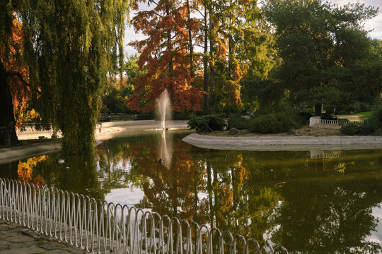 Autumn park pond with a central fountain creating gentle spray, surrounded by colorful deciduous trees and calm reflective water, peaceful walkways and ornamental railings.