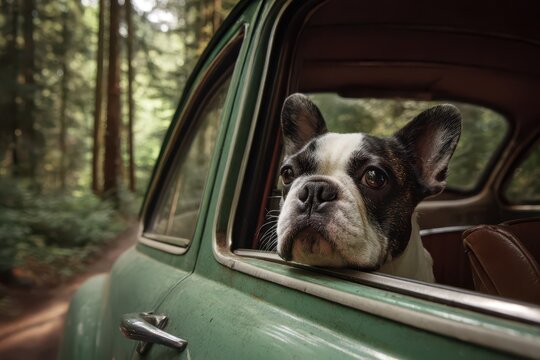 French Bulldog Car Adventure: Funny Bulldog Dog Enjoying a Ride in the Forest - Powered by Adobe