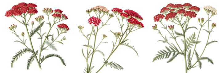 Set of yarrow plant featuring its distinctive red flower isolated on a transparent background
